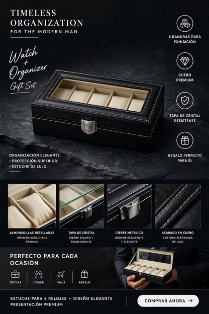ESTUCHE ORGANIZADOR DE RELOJES DE CUERO CON TAPA DE CRISTAL Y RANURAS PARA EXHIBIR Y PROTEGER TUS RELOJES