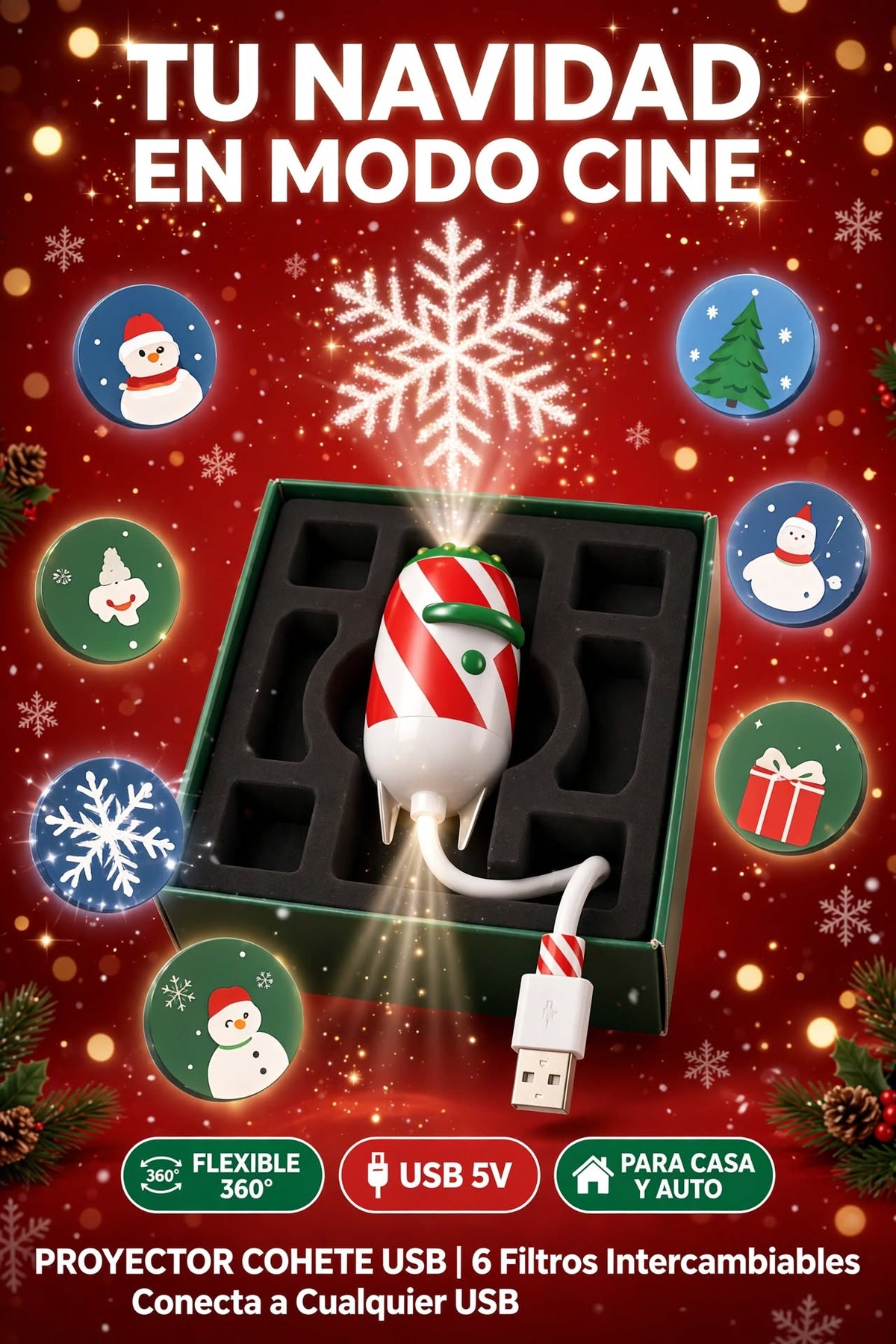 PROYECTOR LED NAVIDEÑO USB EN FORMA DE COHETE CON 12 FILTROS INTERCAMBIABLES