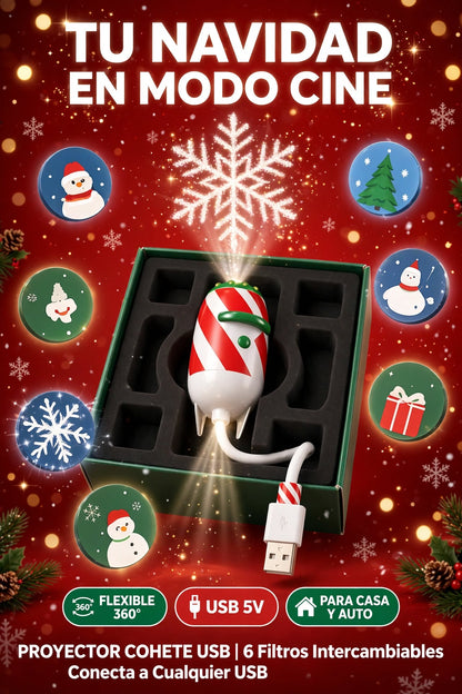 PROYECTOR LED NAVIDEÑO USB EN FORMA DE COHETE CON 12 FILTROS INTERCAMBIABLES