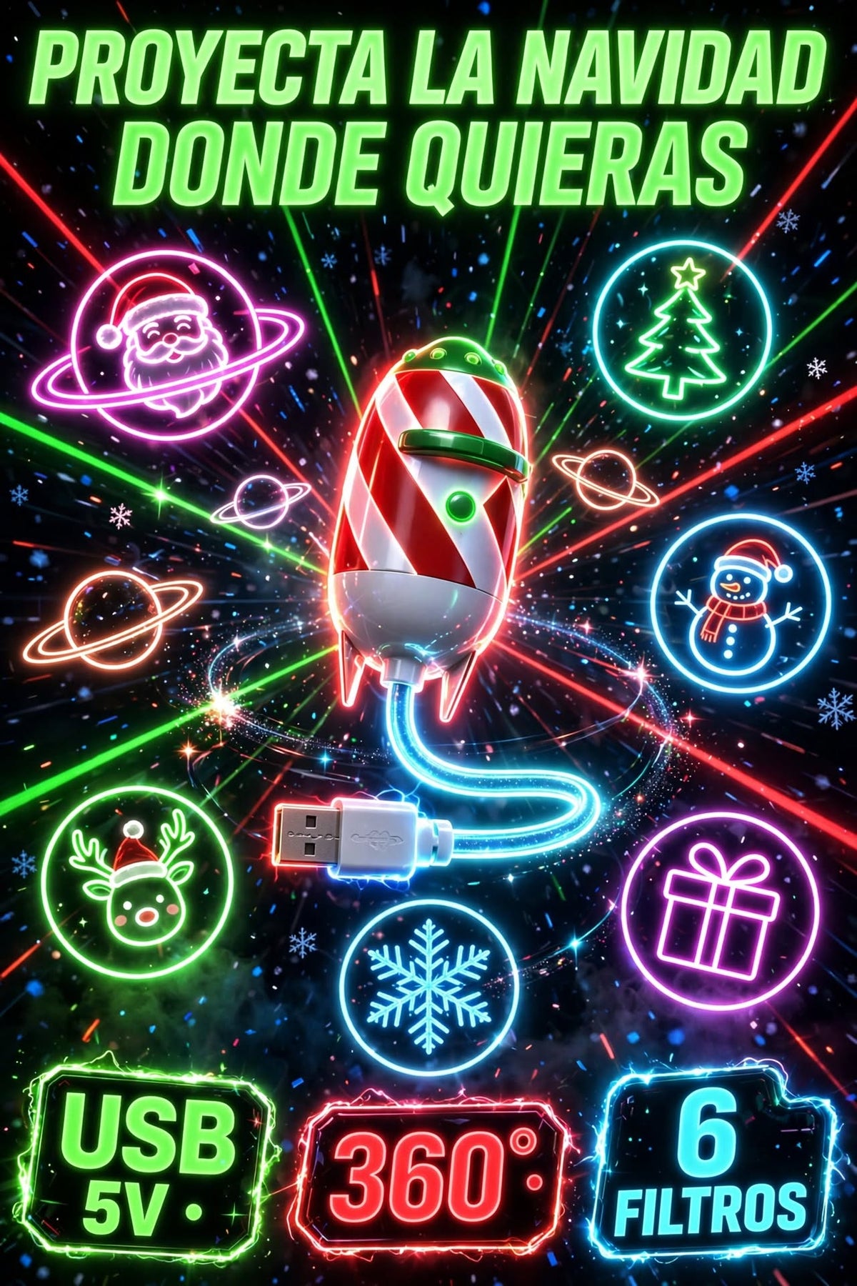 PROYECTOR LED NAVIDEÑO USB EN FORMA DE COHETE CON 12 FILTROS INTERCAMBIABLES