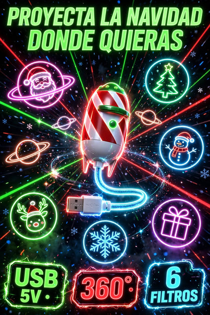 PROYECTOR LED NAVIDEÑO USB EN FORMA DE COHETE CON 12 FILTROS INTERCAMBIABLES