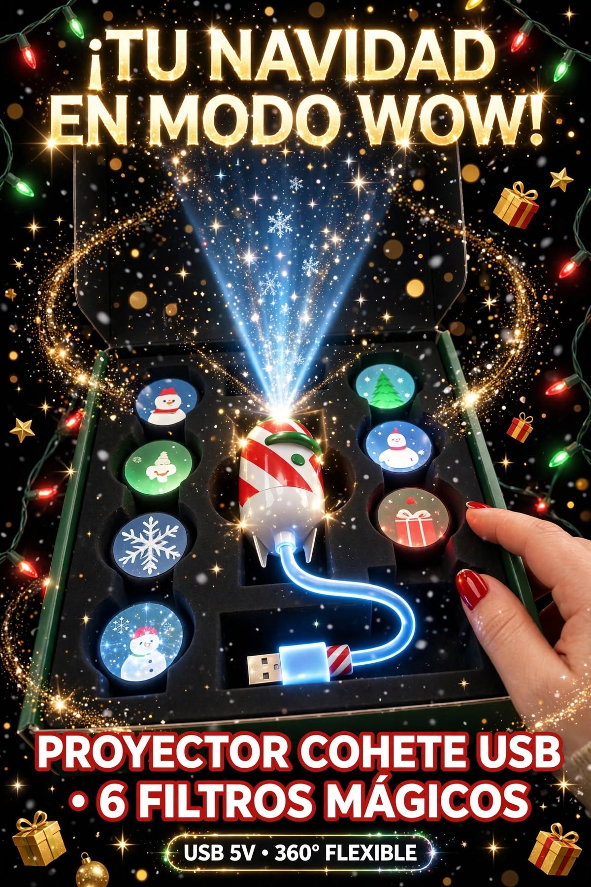 PROYECTOR LED NAVIDEÑO USB EN FORMA DE COHETE CON 12 FILTROS INTERCAMBIABLES