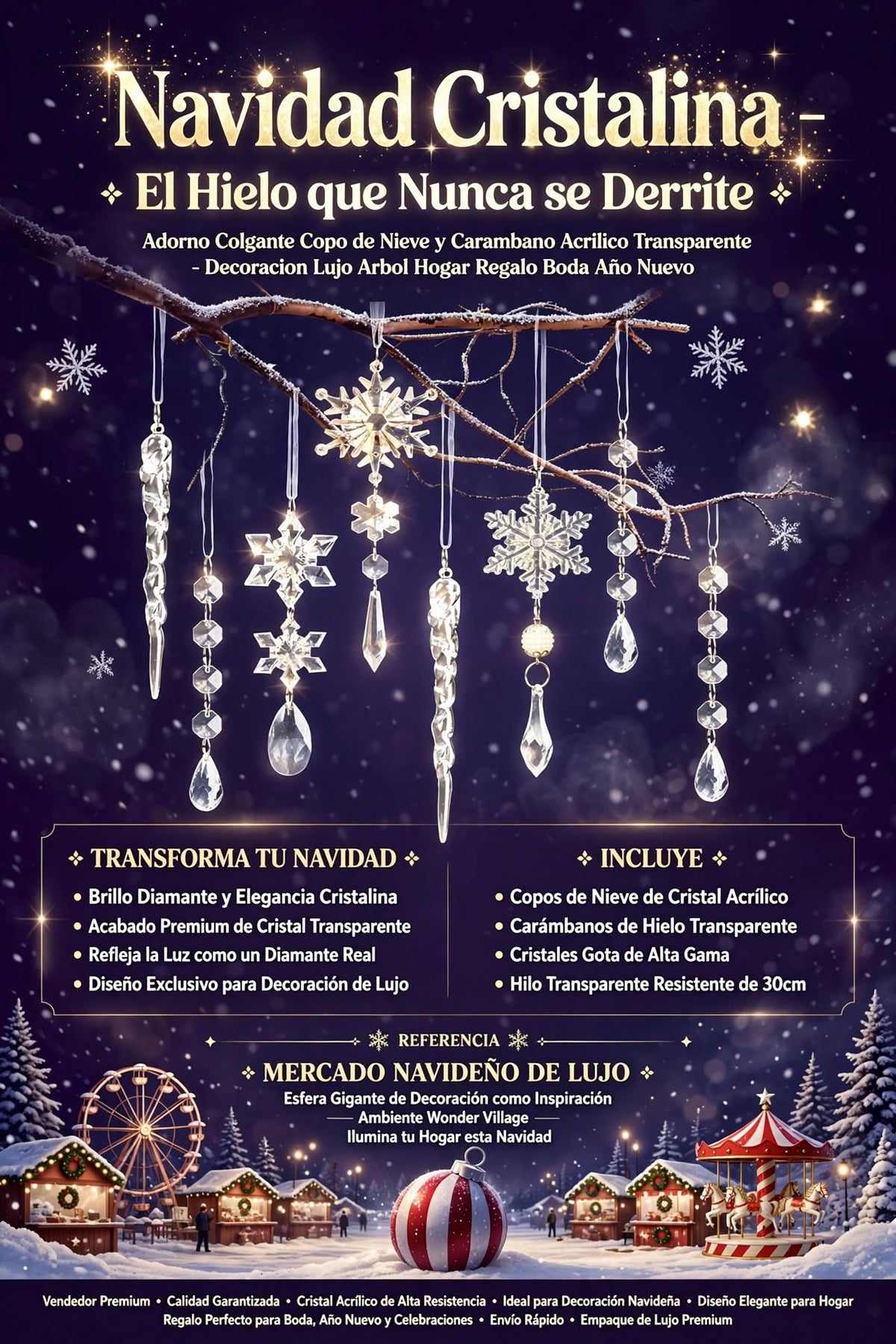 ADORNO COLGANTE DE COPOS DE NIEVE EN CRISTAL TRANSPARENTE PARA DECORAR EL ÁRBOL DE NAVIDAD