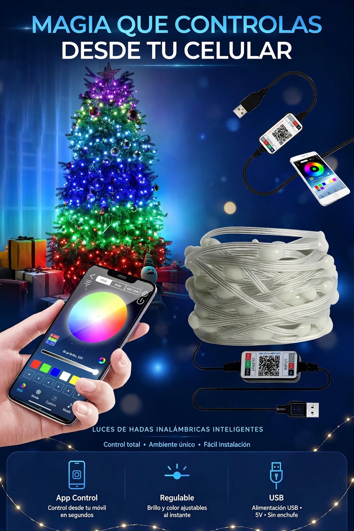 GUIRNALDA DE LUCES LED NAVIDEÑAS INTELIGENTES CON CAMBIO DE COLOR, CONTROL REMOTO Y APP MÓVIL PARA DECORAR TUS ESPACIOS