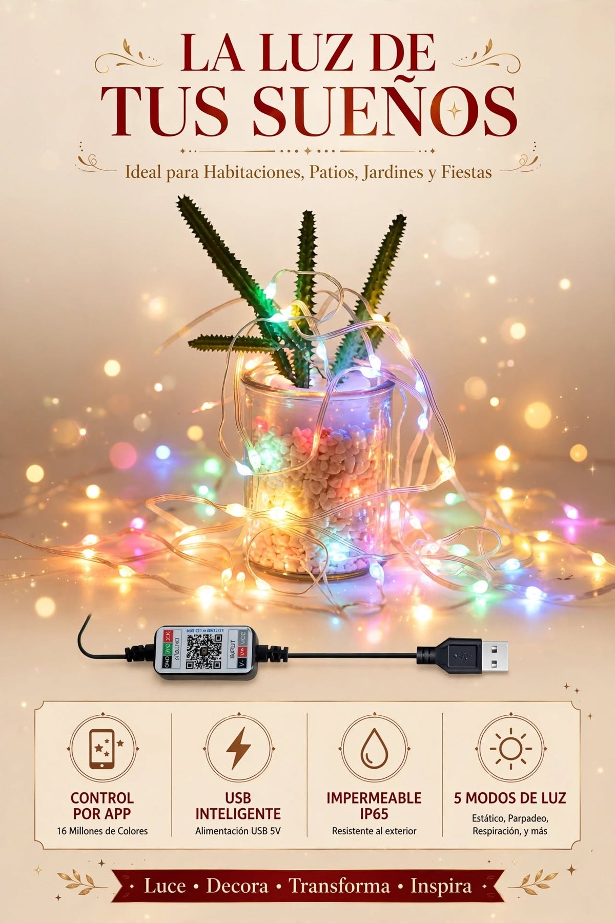 GUIRNALDA DE LUCES LED NAVIDEÑAS INTELIGENTES CON CAMBIO DE COLOR, CONTROL REMOTO Y APP MÓVIL PARA DECORAR TUS ESPACIOS
