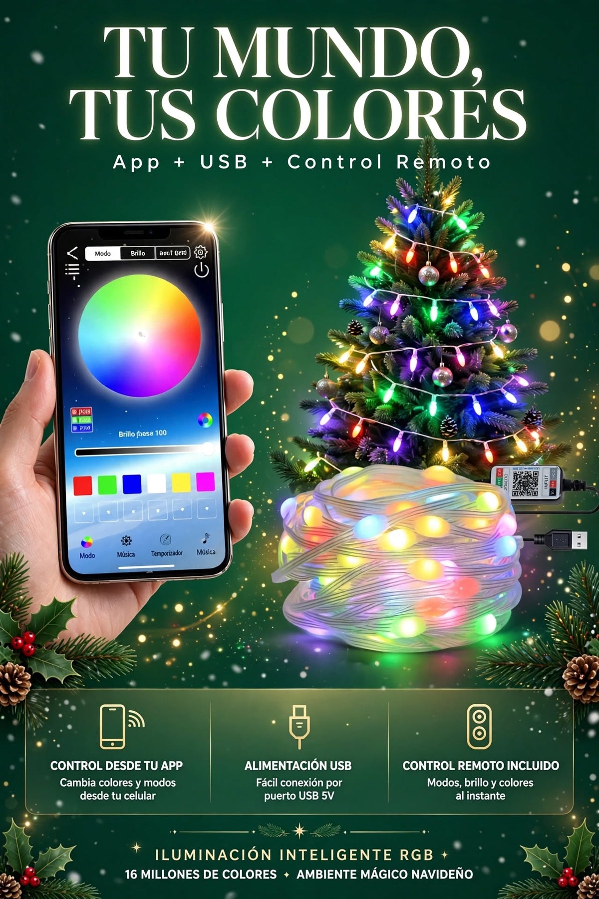 GUIRNALDA DE LUCES LED NAVIDEÑAS INTELIGENTES CON CAMBIO DE COLOR, CONTROL REMOTO Y APP MÓVIL PARA DECORAR TUS ESPACIOS
