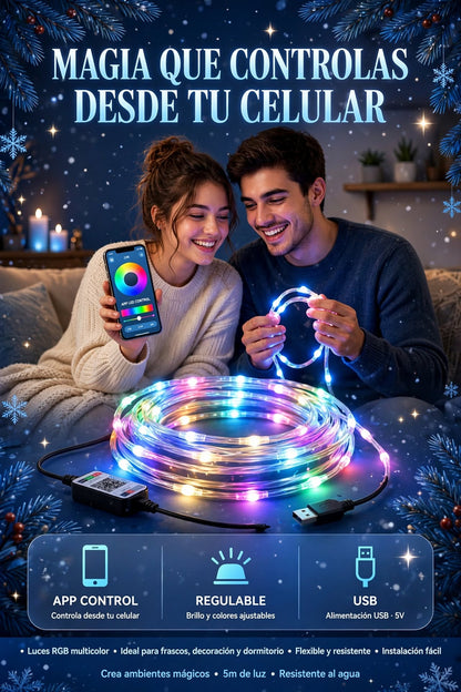 GUIRNALDA DE LUCES LED NAVIDEÑAS INTELIGENTES CON CAMBIO DE COLOR, CONTROL REMOTO Y APP MÓVIL PARA DECORAR TUS ESPACIOS