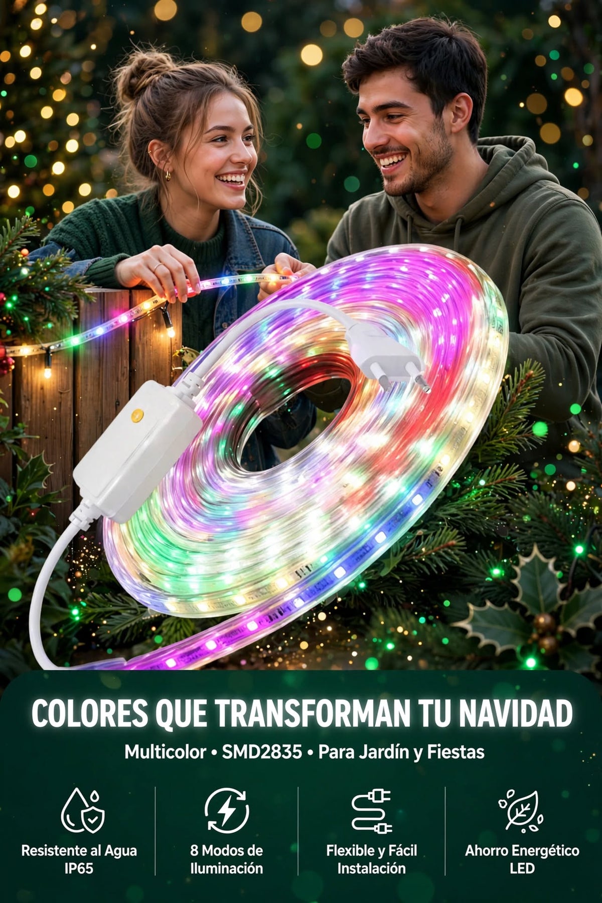 TIRA DE LUCES LED MULTICOLOR IMPERMEABLE SMD2835 DE 6 COLORES PARA JARDÍN, FIESTAS Y DECORACIÓN DEL HOGAR