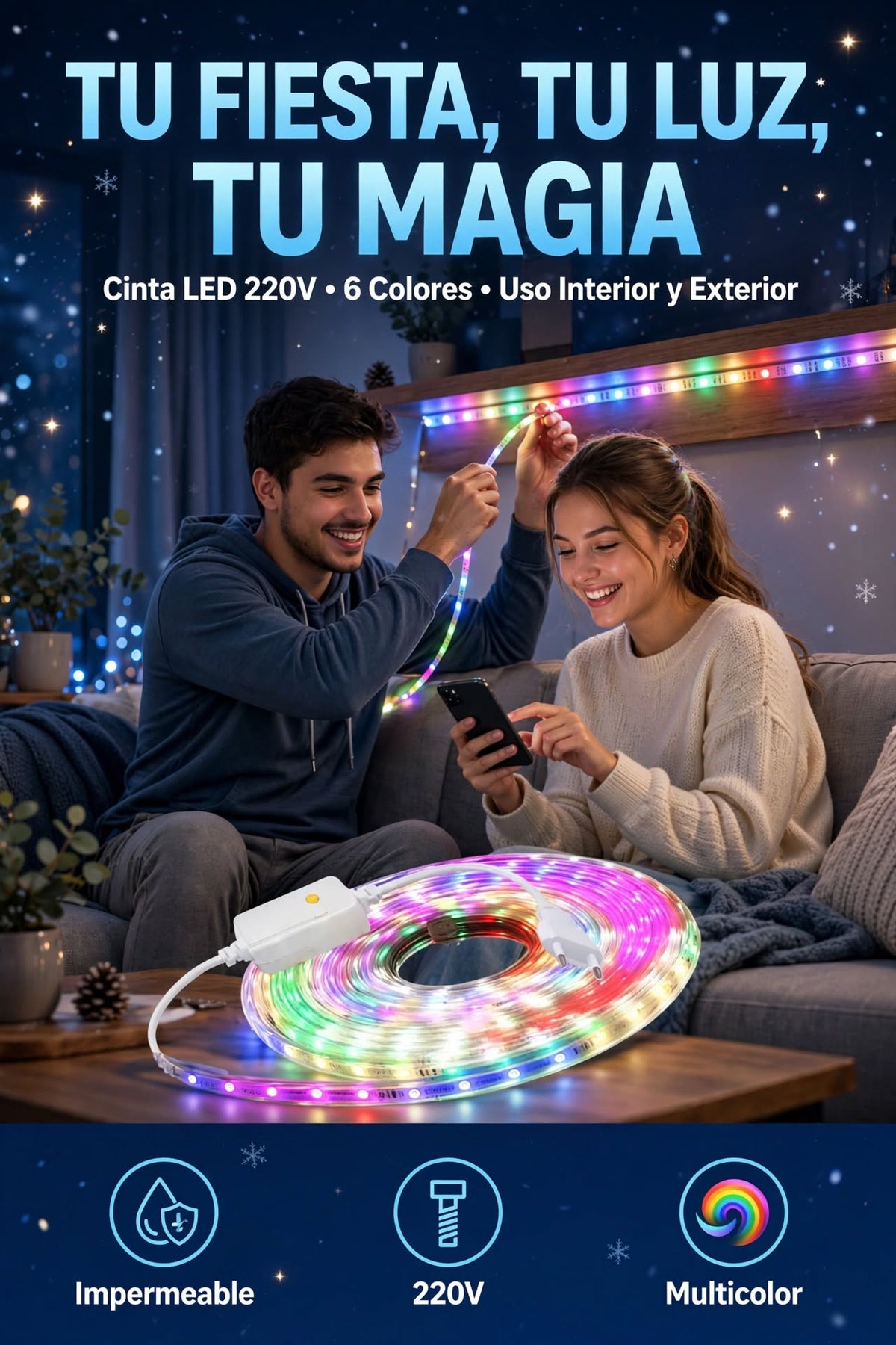 TIRA DE LUCES LED MULTICOLOR IMPERMEABLE SMD2835 DE 6 COLORES PARA JARDÍN, FIESTAS Y DECORACIÓN DEL HOGAR