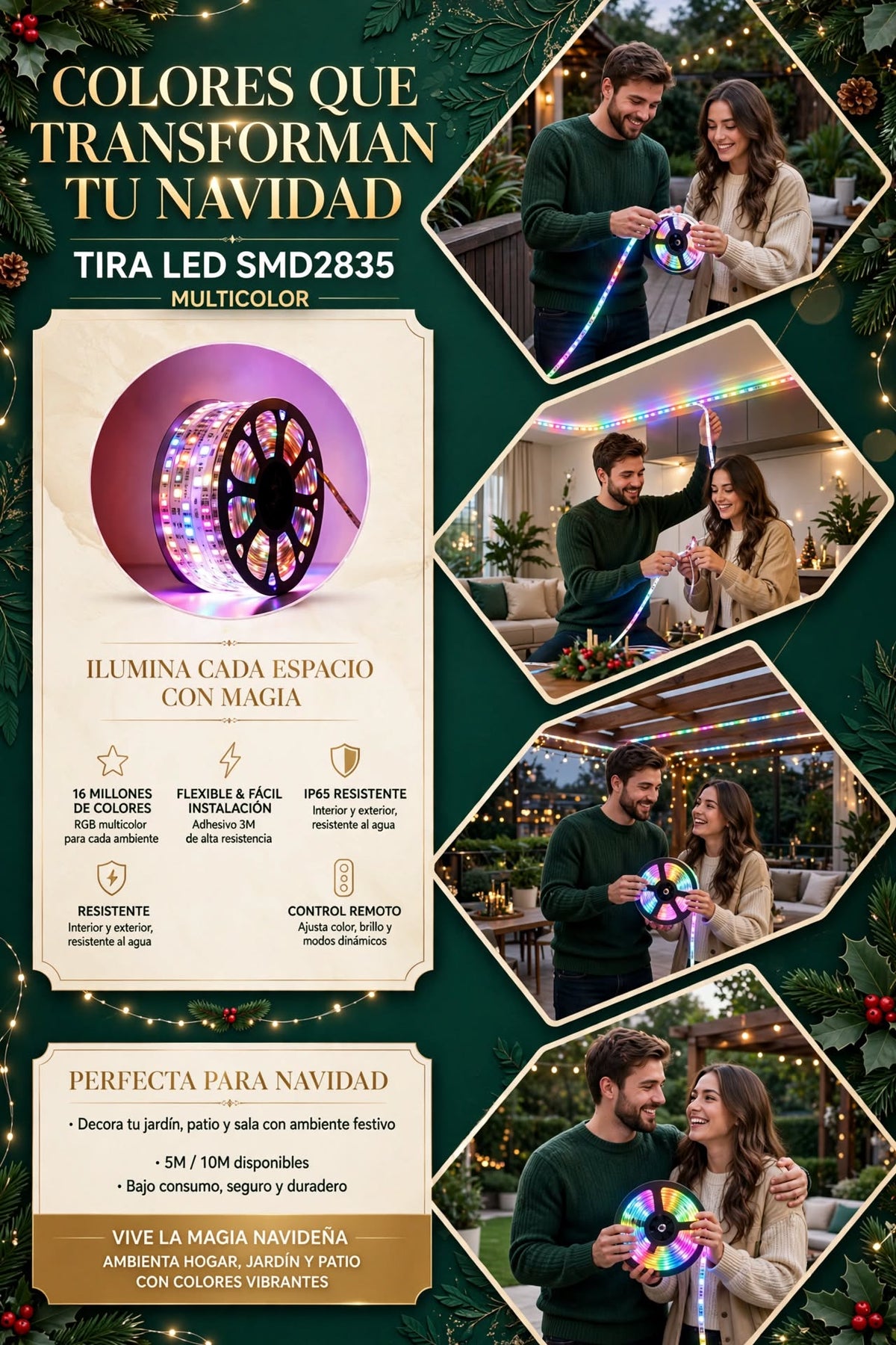 TIRA DE LUCES LED MULTICOLOR IMPERMEABLE SMD2835 DE 6 COLORES PARA JARDÍN, FIESTAS Y DECORACIÓN DEL HOGAR