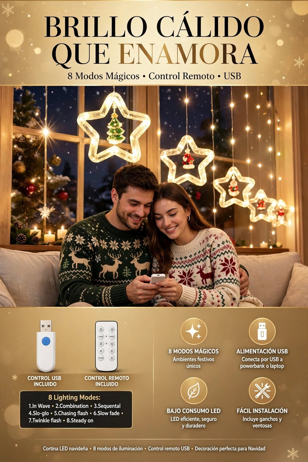 LUCES DECORATIVAS LED DE NAVIDAD EN FORMA DE ESTRELLA PARA ÁRBOL, ALIMENTACIÓN USB Y DECORACIÓN DEL HOGAR