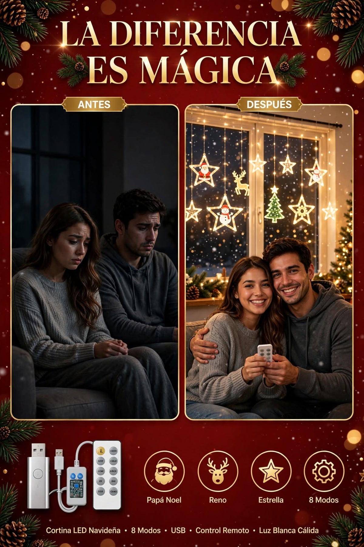 LUCES DECORATIVAS LED DE NAVIDAD EN FORMA DE ESTRELLA PARA ÁRBOL, ALIMENTACIÓN USB Y DECORACIÓN DEL HOGAR