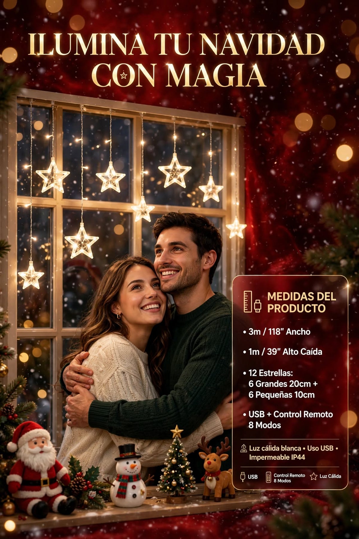 LUCES DECORATIVAS LED DE NAVIDAD EN FORMA DE ESTRELLA PARA ÁRBOL, ALIMENTACIÓN USB Y DECORACIÓN DEL HOGAR