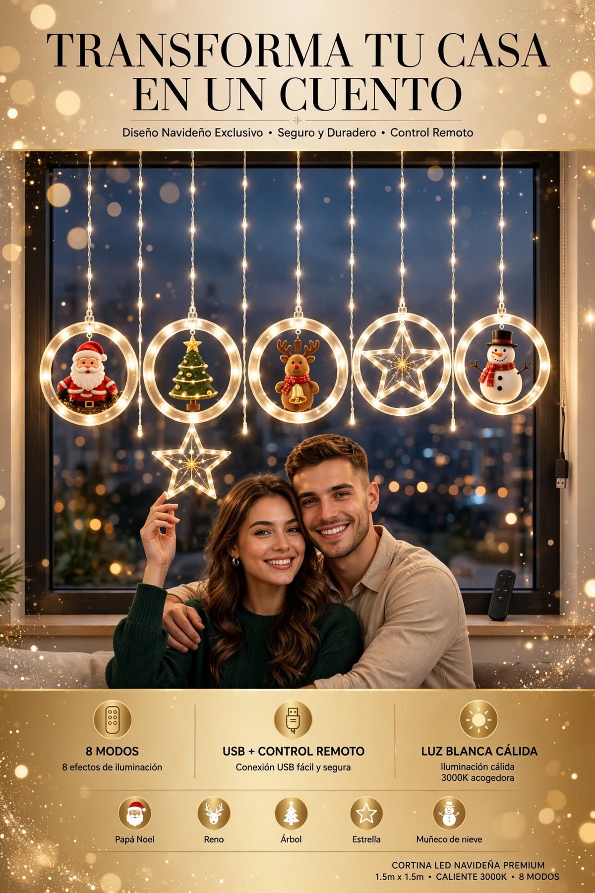 LUCES LED DE CORTINA NAVIDEÑAS QUE TRANSFORMA TUS ESPACIOS CON LUCES NAVIDEÑAS CON USB Y CONTROL REMOTO INALÁMBRICO