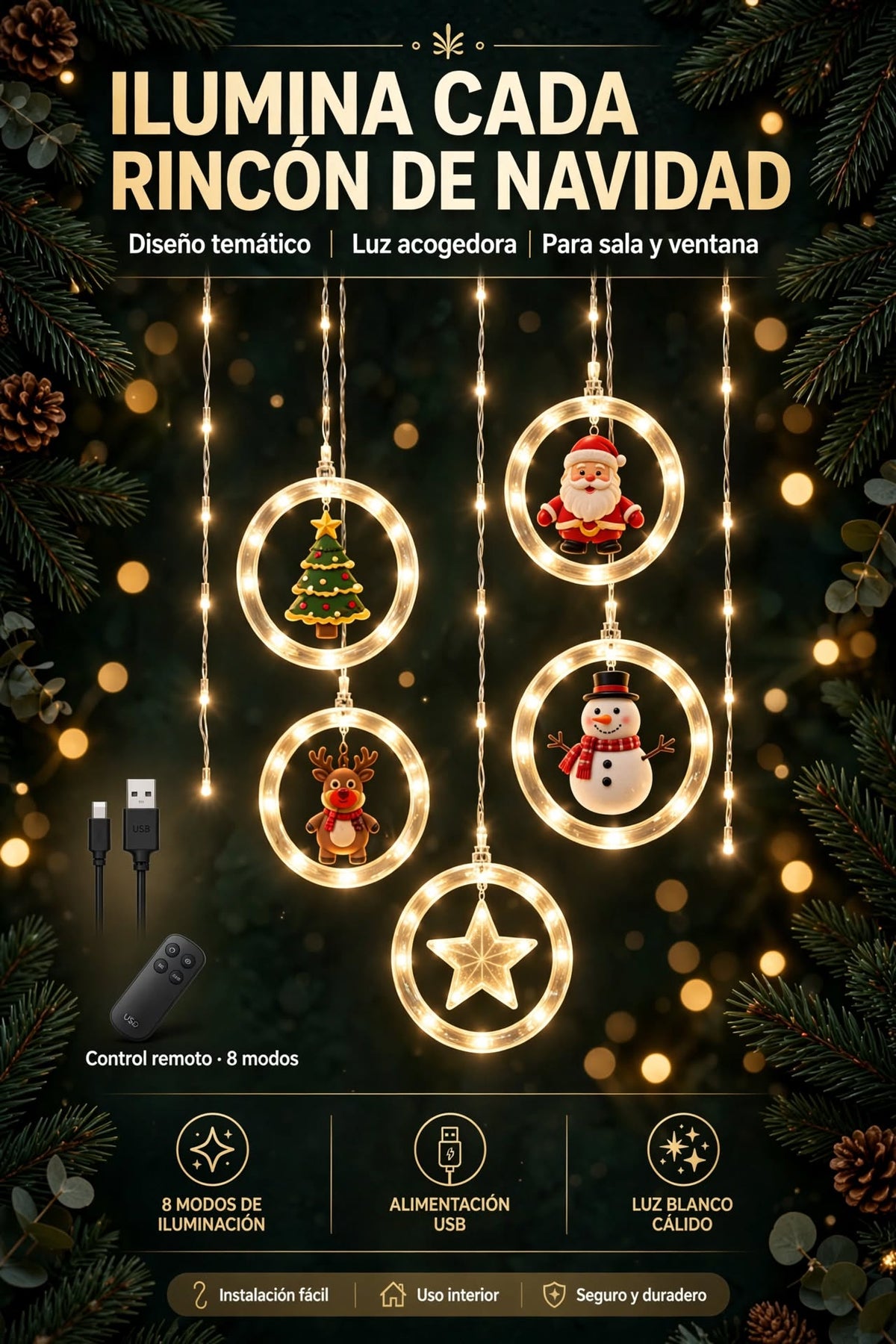 LUCES LED DE CORTINA NAVIDEÑAS QUE TRANSFORMA TUS ESPACIOS CON LUCES NAVIDEÑAS CON USB Y CONTROL REMOTO INALÁMBRICO