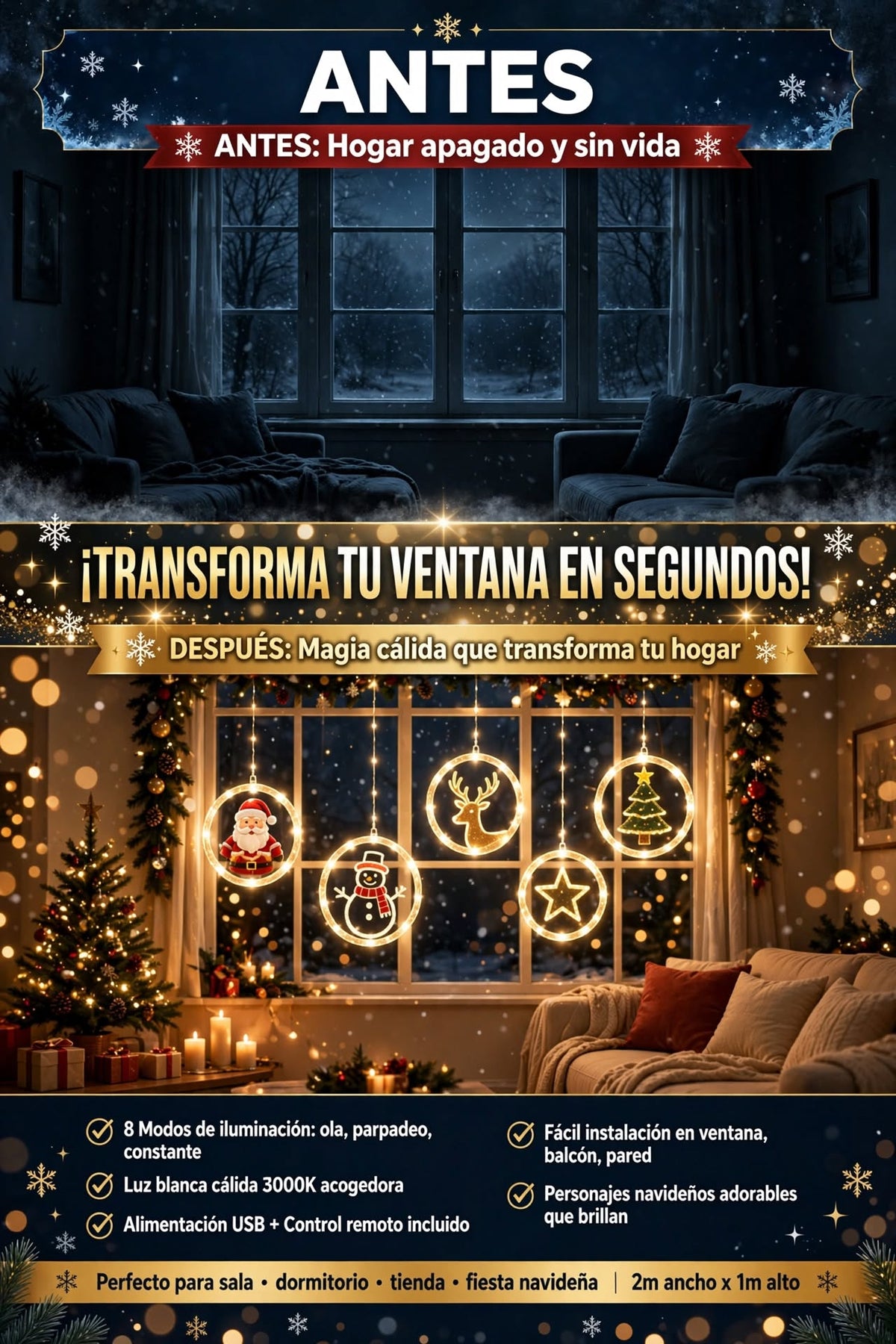 LUCES LED DE CORTINA NAVIDEÑAS QUE TRANSFORMA TUS ESPACIOS CON LUCES NAVIDEÑAS CON USB Y CONTROL REMOTO INALÁMBRICO