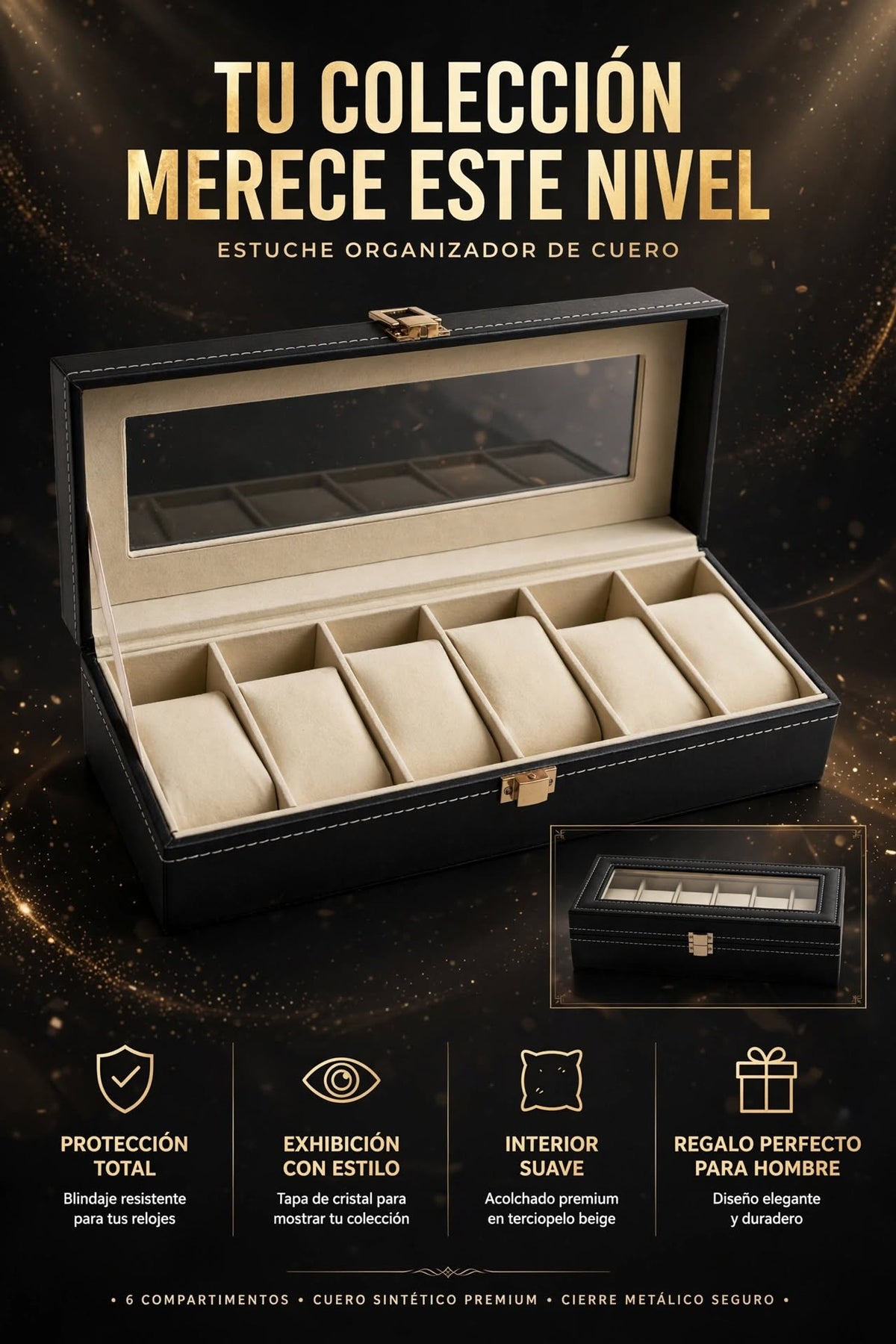 ESTUCHE ORGANIZADOR DE RELOJES DE CUERO CON TAPA DE CRISTAL Y RANURAS PARA EXHIBIR Y PROTEGER TUS RELOJES