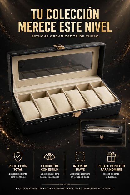 ESTUCHE ORGANIZADOR DE RELOJES DE CUERO CON TAPA DE CRISTAL Y RANURAS PARA EXHIBIR Y PROTEGER TUS RELOJES