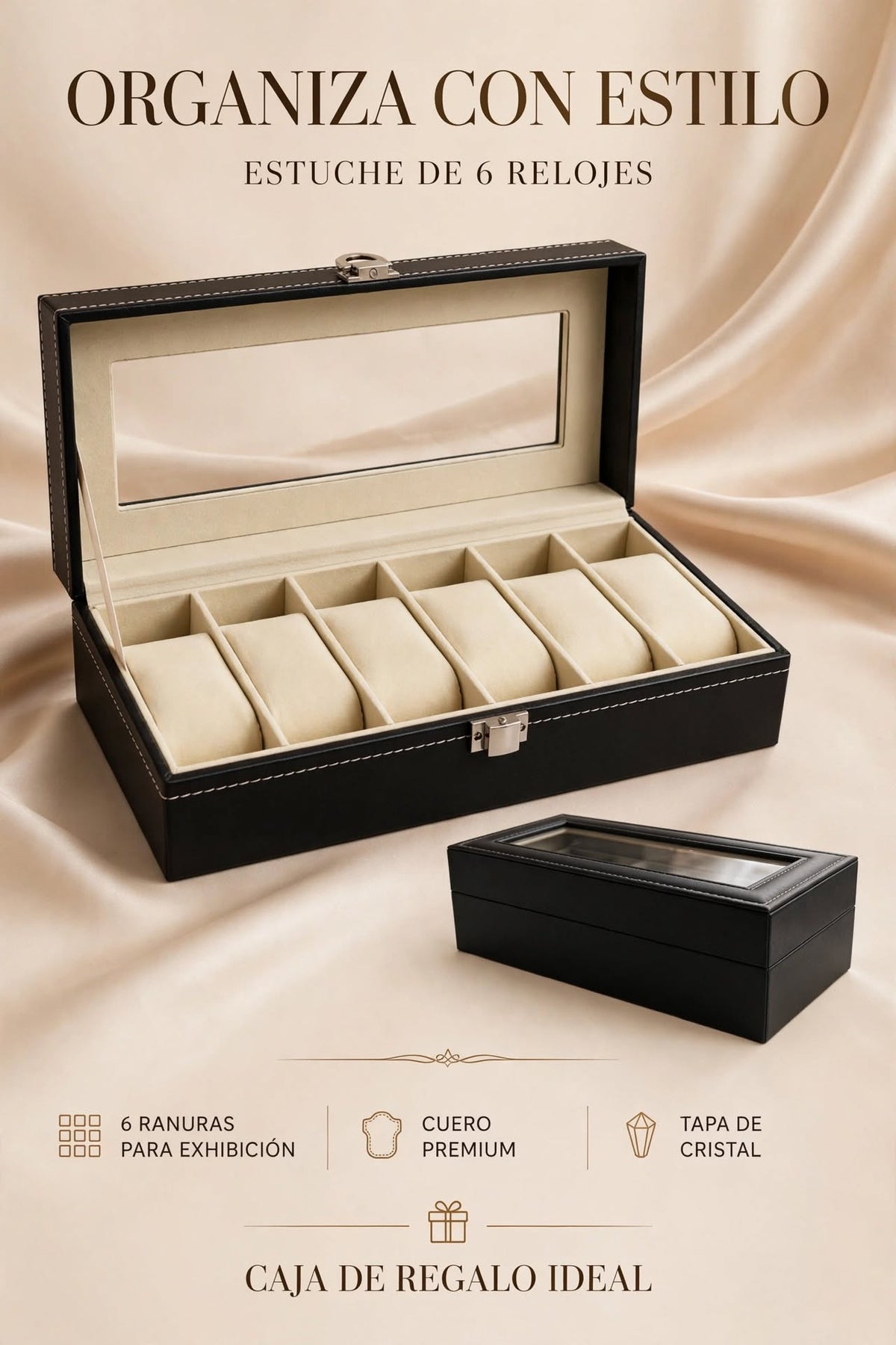 ESTUCHE ORGANIZADOR DE RELOJES DE CUERO CON TAPA DE CRISTAL Y RANURAS PARA EXHIBIR Y PROTEGER TUS RELOJES