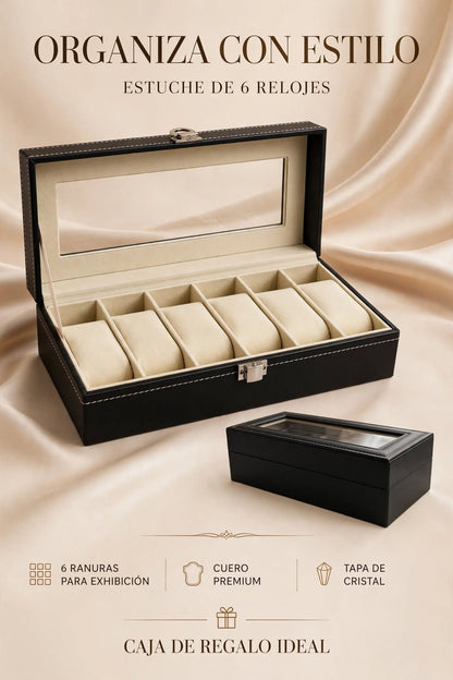 ESTUCHE ORGANIZADOR DE RELOJES DE CUERO CON TAPA DE CRISTAL Y RANURAS PARA EXHIBIR Y PROTEGER TUS RELOJES