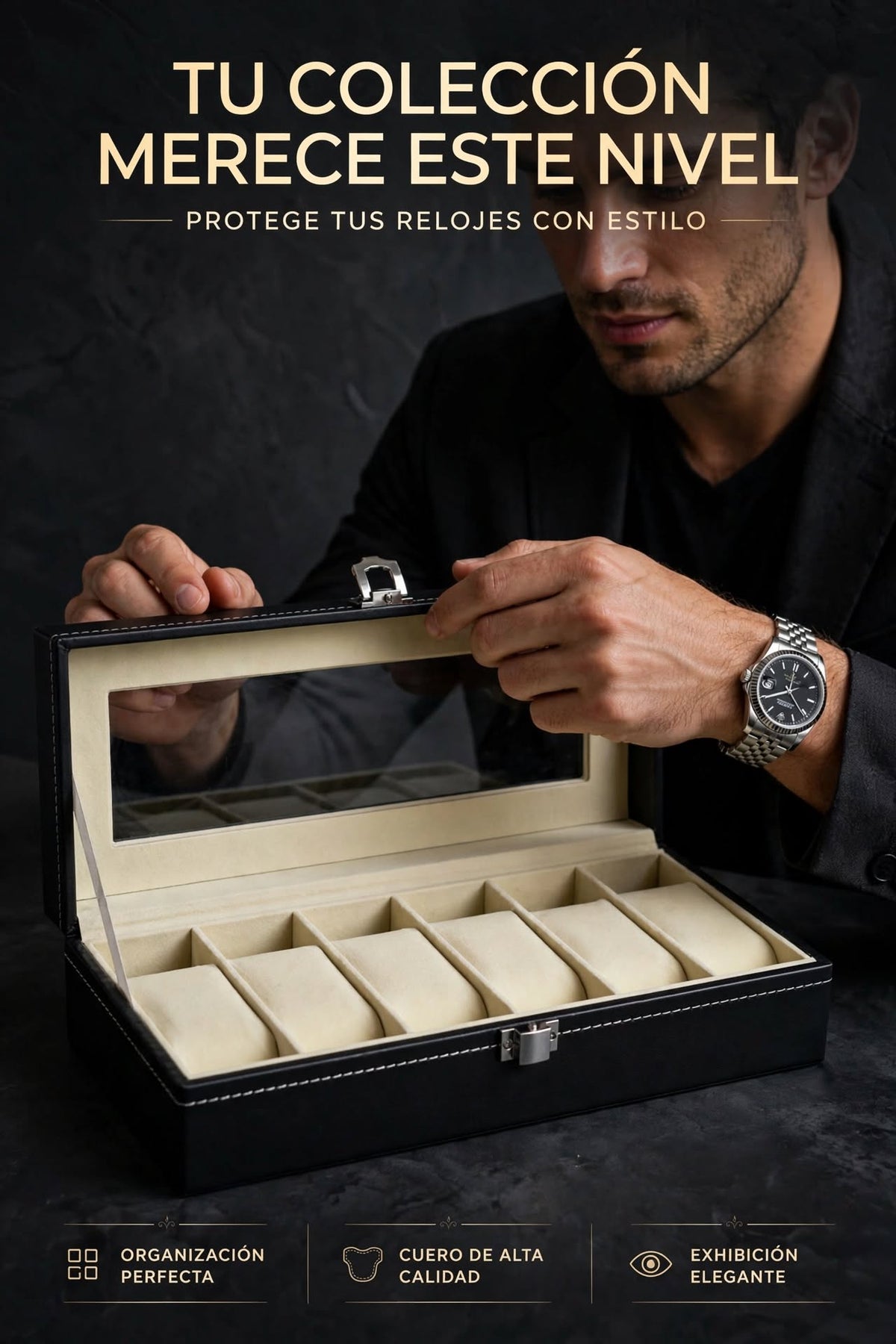ESTUCHE ORGANIZADOR DE RELOJES DE CUERO CON TAPA DE CRISTAL Y RANURAS PARA EXHIBIR Y PROTEGER TUS RELOJES