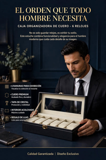ESTUCHE ORGANIZADOR DE RELOJES DE CUERO CON TAPA DE CRISTAL Y RANURAS PARA EXHIBIR Y PROTEGER TUS RELOJES