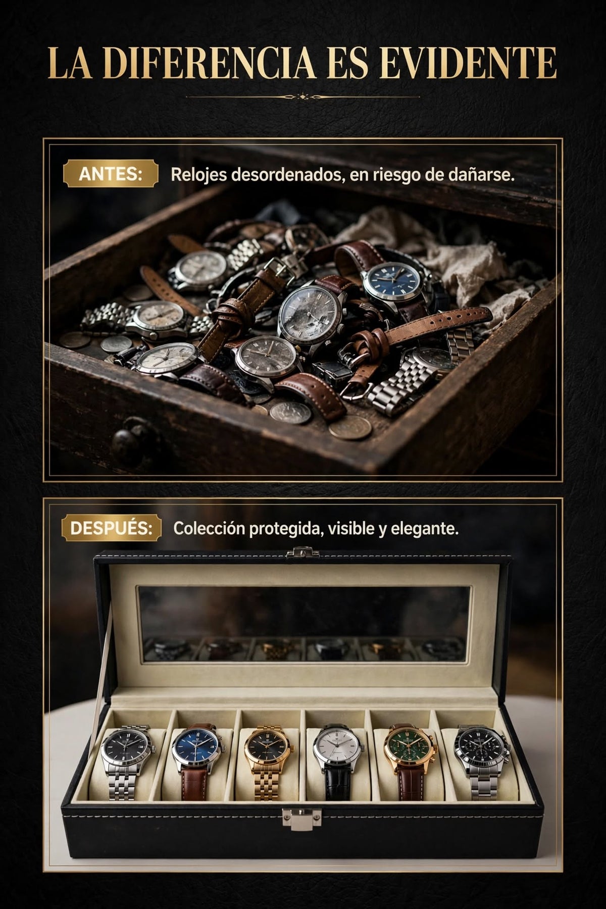 ESTUCHE ORGANIZADOR DE RELOJES DE CUERO CON TAPA DE CRISTAL Y RANURAS PARA EXHIBIR Y PROTEGER TUS RELOJES