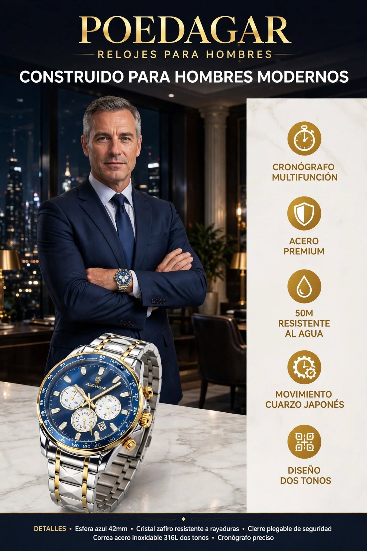 RELOJ DE HOMBRE ELEGANTE Y DEPORTIVO CON CRONÓGRAFO, FECHA, FUNCIÓN LUMINOSA Y DISEÑO