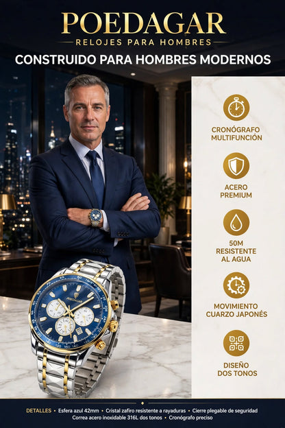 RELOJ DE HOMBRE ELEGANTE Y DEPORTIVO CON CRONÓGRAFO, FECHA, FUNCIÓN LUMINOSA Y DISEÑO