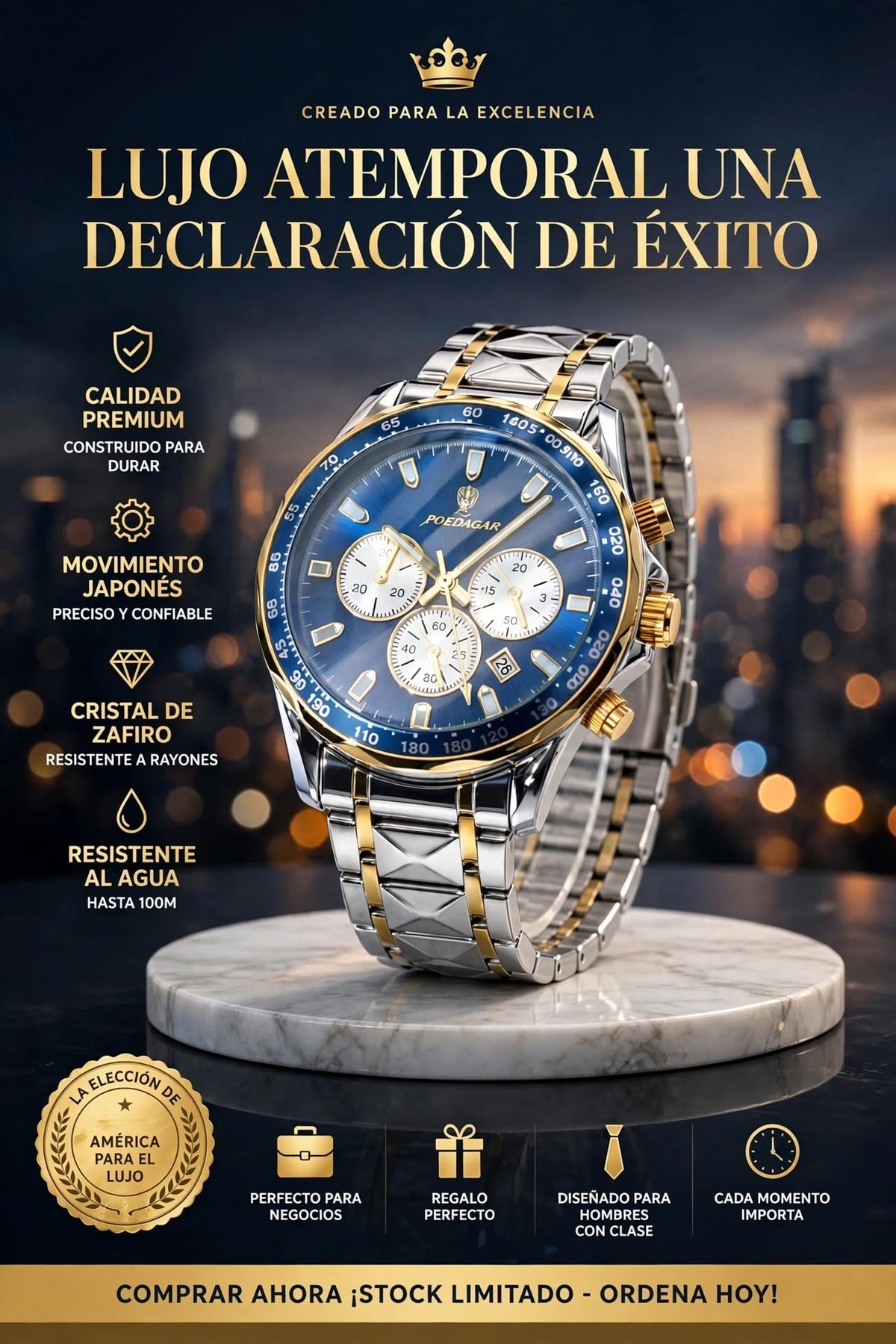 RELOJ DE HOMBRE ELEGANTE Y DEPORTIVO CON CRONÓGRAFO, FECHA, FUNCIÓN LUMINOSA Y DISEÑO