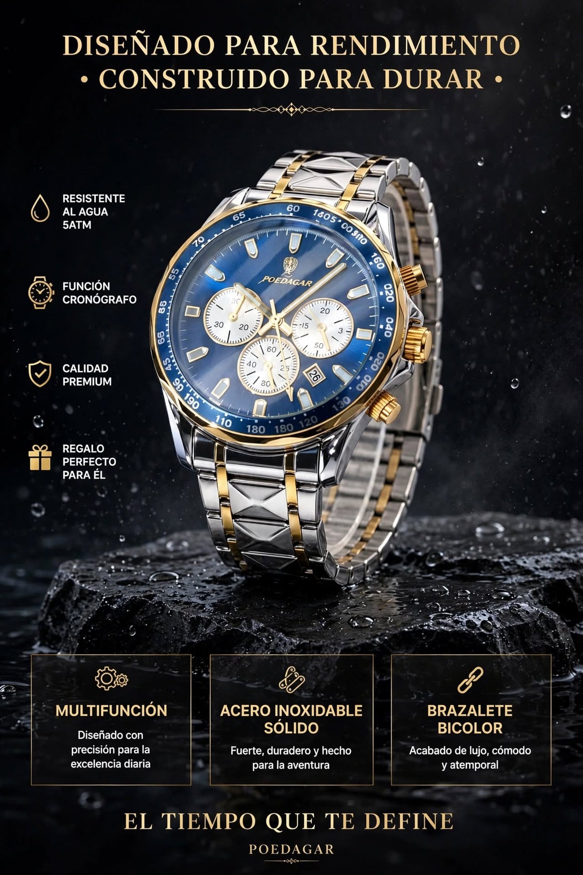 RELOJ DE HOMBRE ELEGANTE Y DEPORTIVO CON CRONÓGRAFO, FECHA, FUNCIÓN LUMINOSA Y DISEÑO