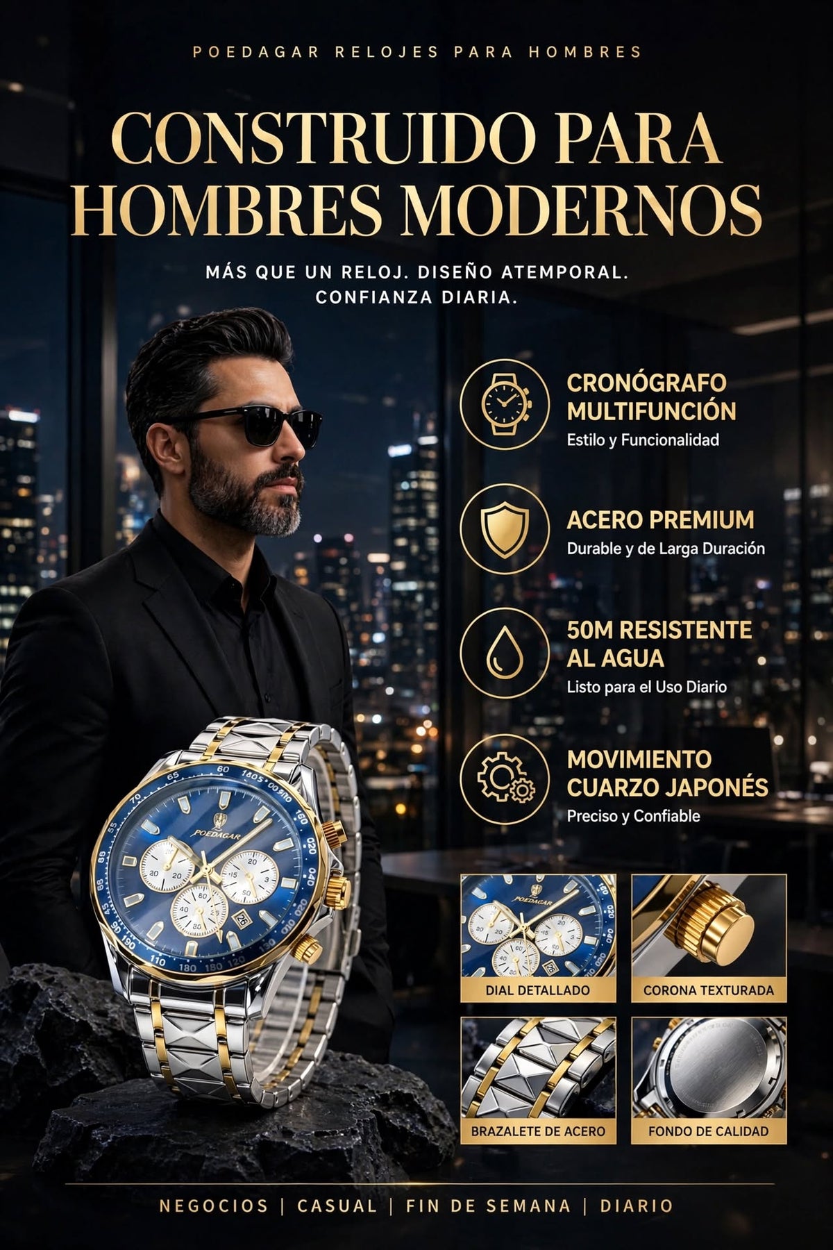 RELOJ DE HOMBRE ELEGANTE Y DEPORTIVO CON CRONÓGRAFO, FECHA, FUNCIÓN LUMINOSA Y DISEÑO