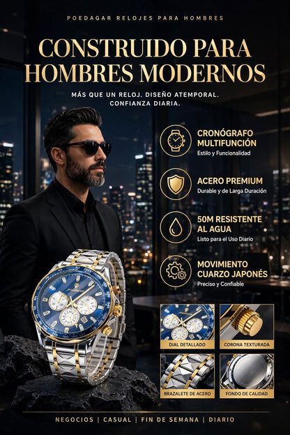 RELOJ DE HOMBRE ELEGANTE Y DEPORTIVO CON CRONÓGRAFO, FECHA, FUNCIÓN LUMINOSA Y DISEÑO