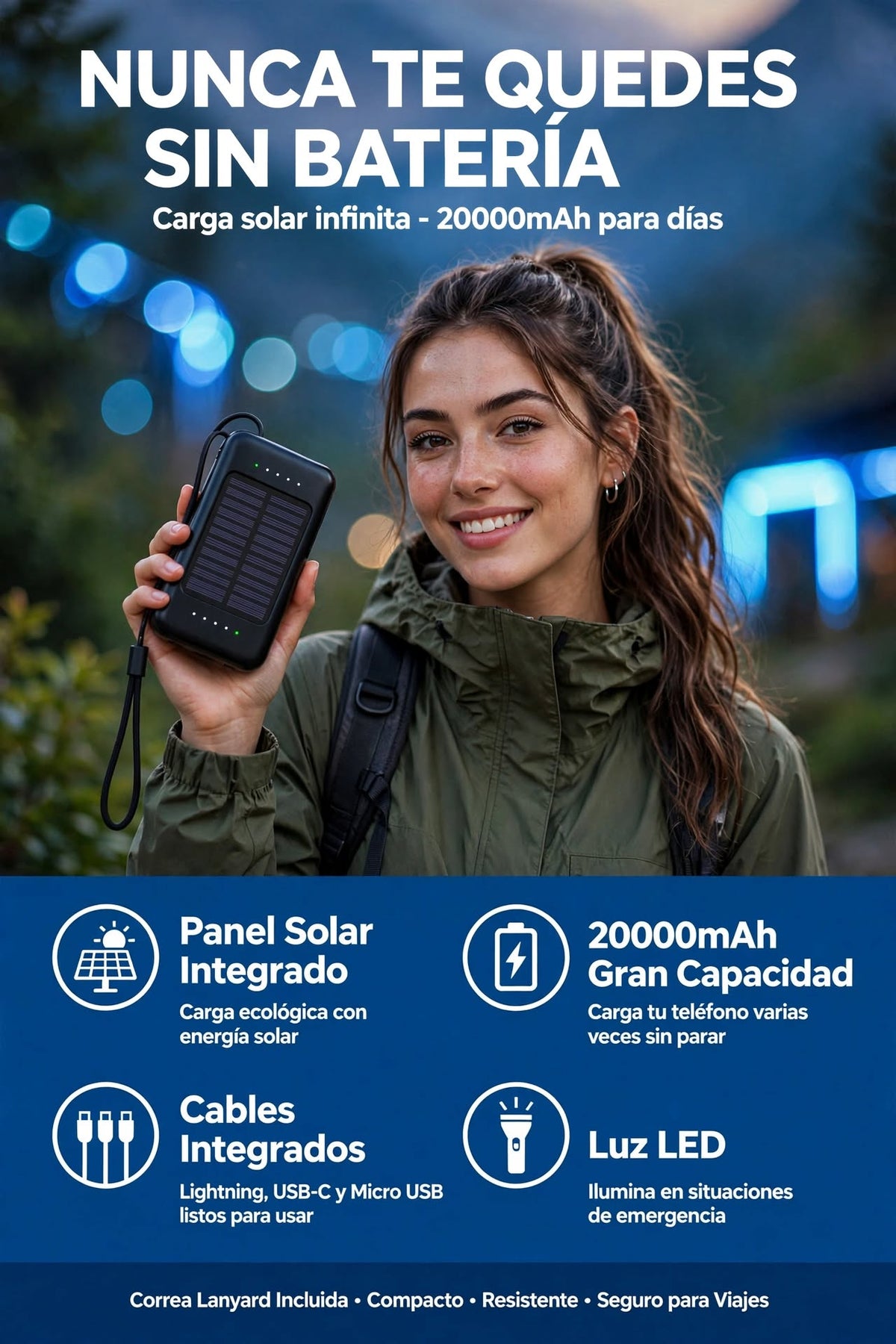 BATERÍA EXTERNA SOLAR DE 20000MA CON CARGA RÁPIDA Y CABLE INCLUIDO