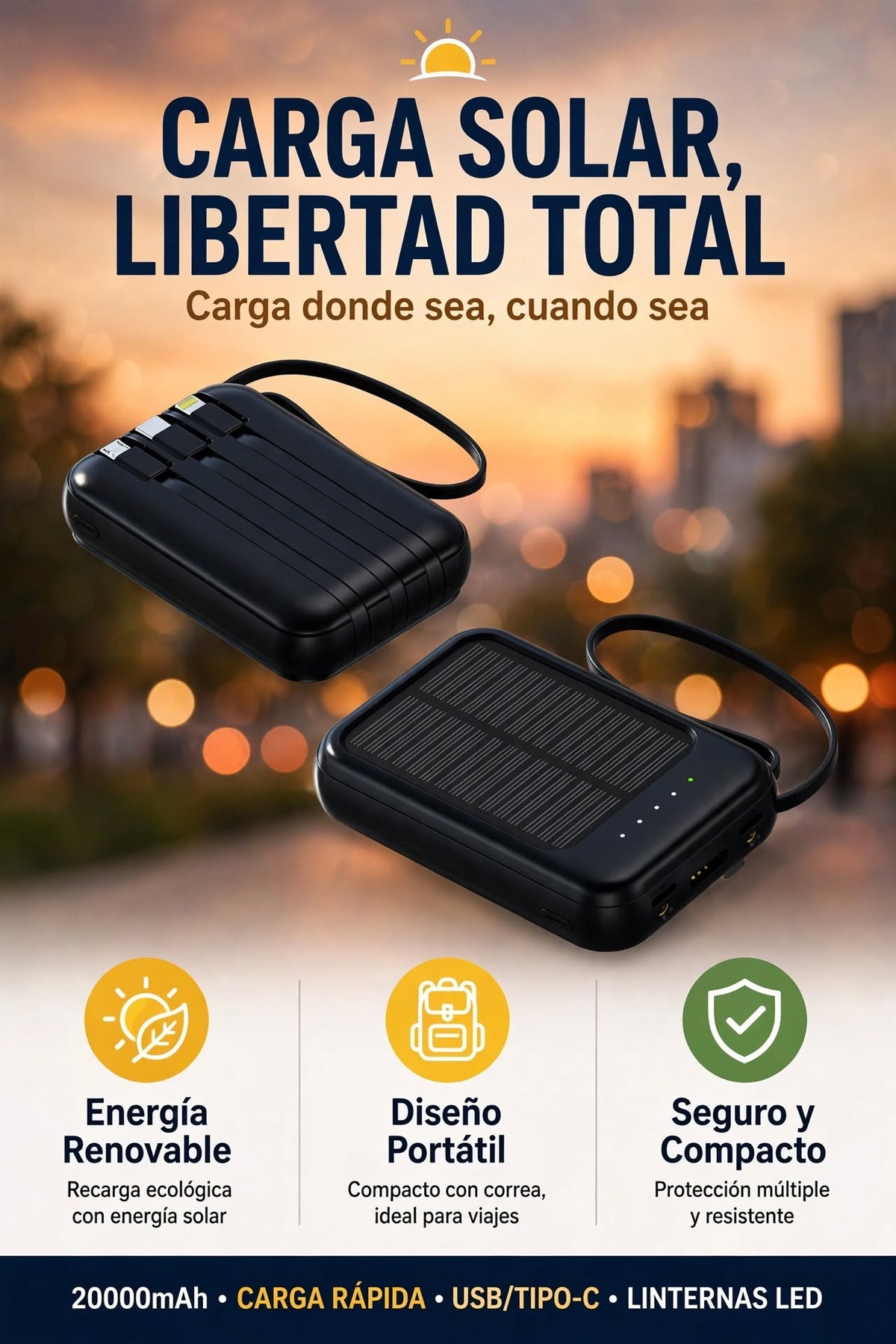 BATERÍA EXTERNA SOLAR DE 20000MA CON CARGA RÁPIDA Y CABLE INCLUIDO