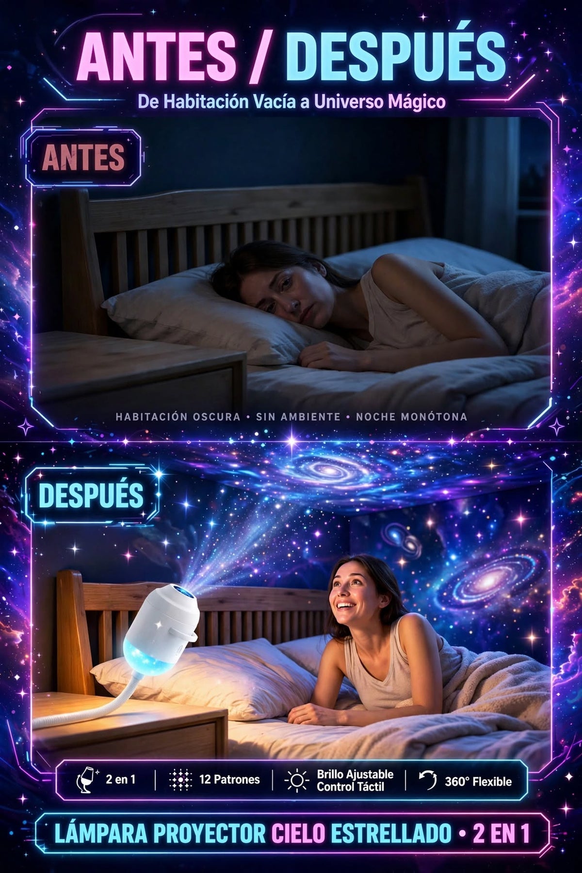 LÁMPARA PROYECTORA DE CIELO ESTRELLADO 2 EN 1 CON LUZ NOCTURNA, BRILLO AJUSTABLE