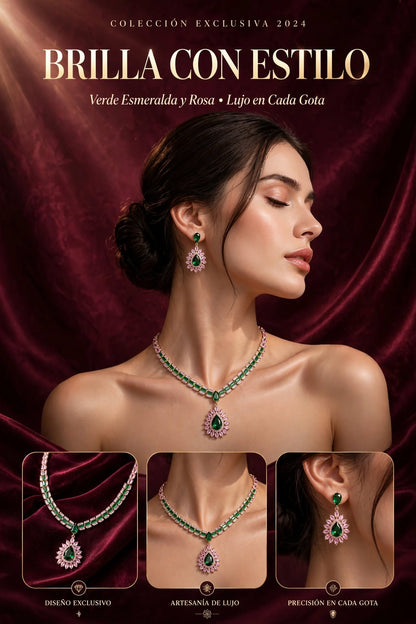 SET DE JOYERÍA PARA MUJER ROSA Y VERDE EN FORMA DE GOTA, COLLAR Y PENDIENTES DE LUJO