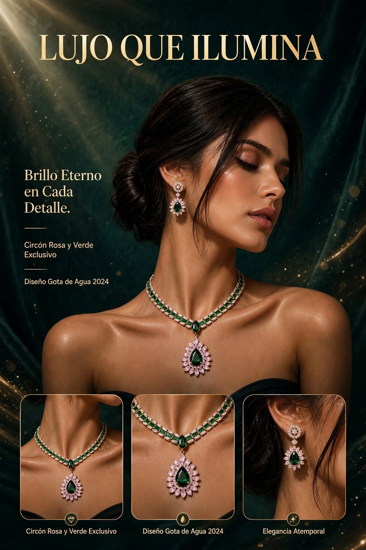 SET DE JOYERÍA PARA MUJER ROSA Y VERDE EN FORMA DE GOTA, COLLAR Y PENDIENTES DE LUJO