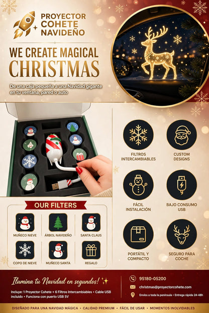 PROYECTOR LED NAVIDEÑO USB EN FORMA DE COHETE CON 12 FILTROS INTERCAMBIABLES