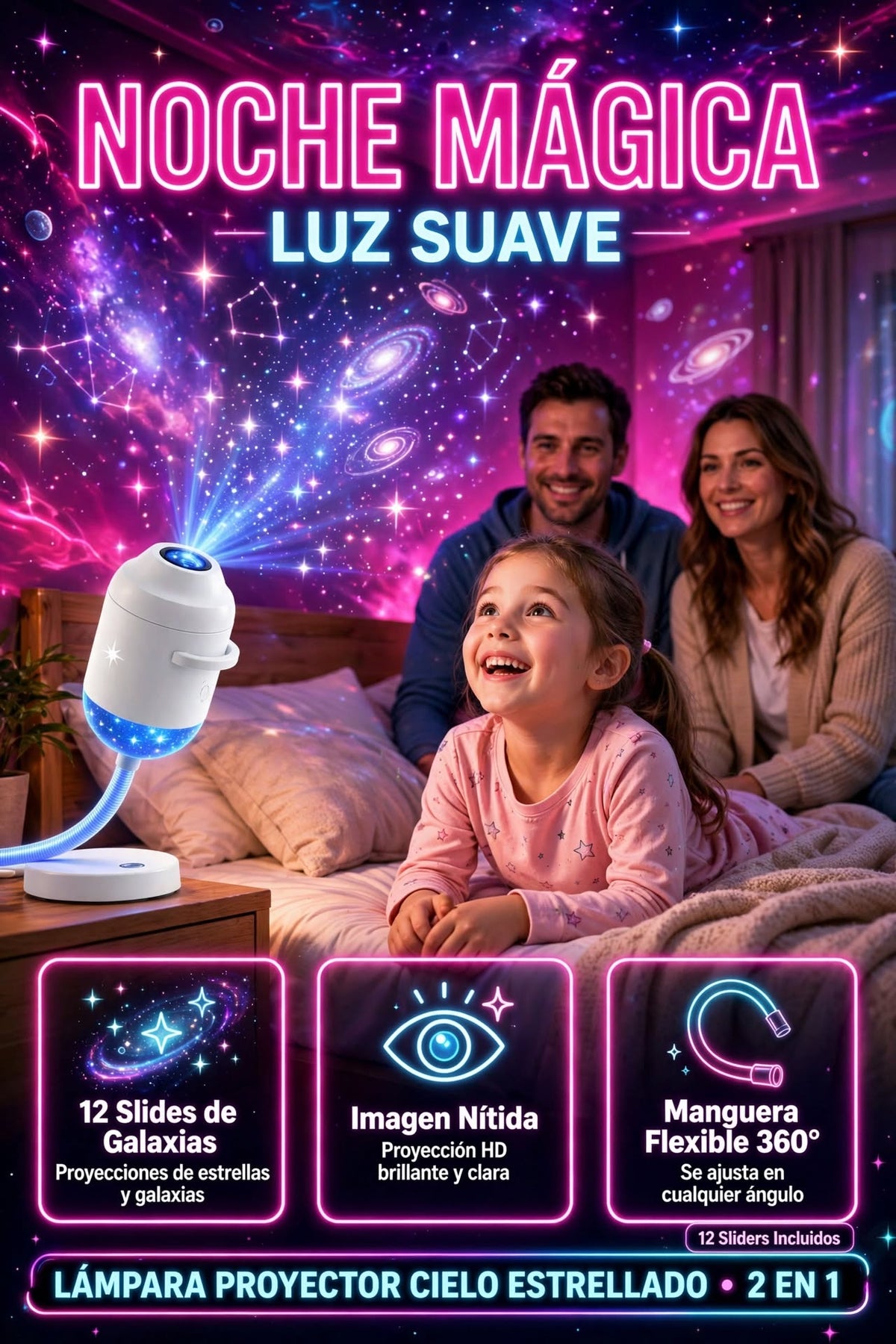 LÁMPARA PROYECTORA DE CIELO ESTRELLADO 2 EN 1 CON LUZ NOCTURNA, BRILLO AJUSTABLE