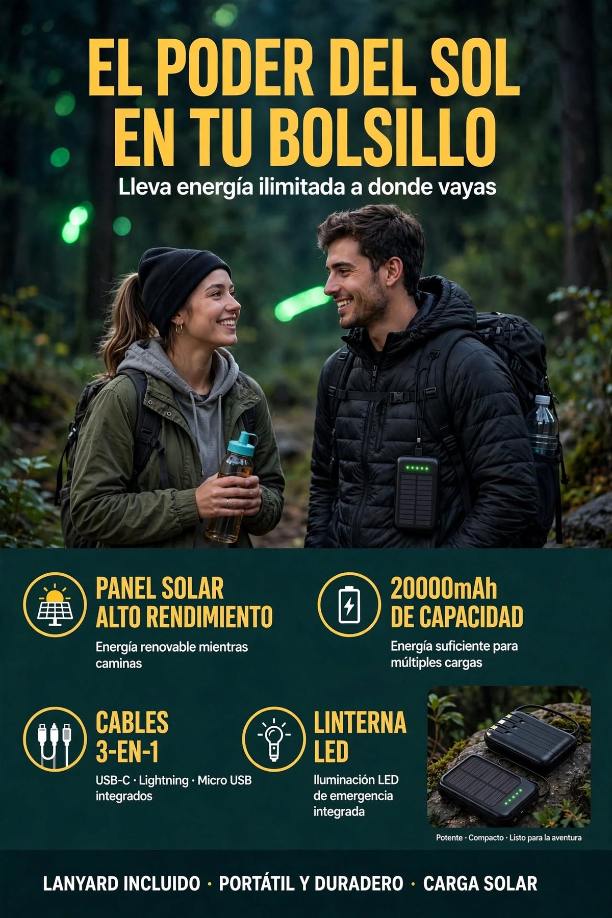 BATERÍA EXTERNA SOLAR DE 20000MA CON CARGA RÁPIDA Y CABLE INCLUIDO