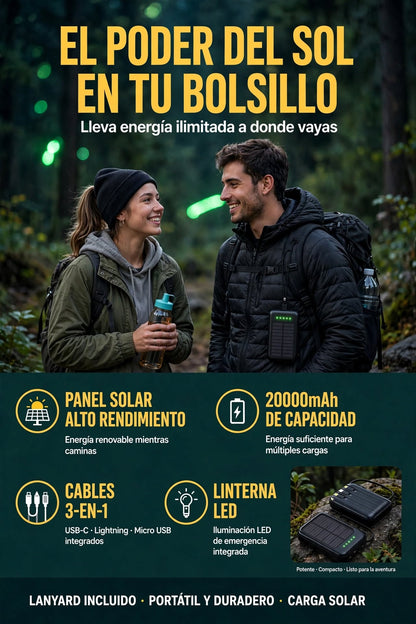 BATERÍA EXTERNA SOLAR DE 20000MA CON CARGA RÁPIDA Y CABLE INCLUIDO