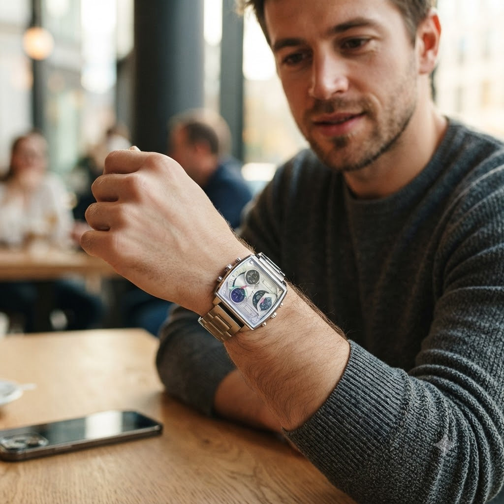 RELOJ ANALOGICO-DISEÑO CUADRADO PREMIUM CON DOBLE PANTALLA, DESTACA SIN DECIR NADA